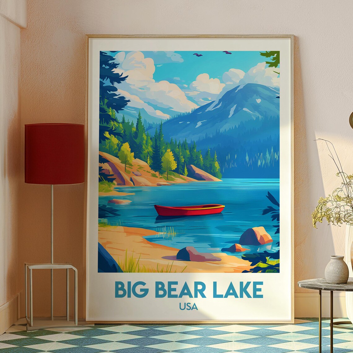 Big Bear Lake USA Pine Mountain Lake Canoe Cabin Travel Poster - Image 2