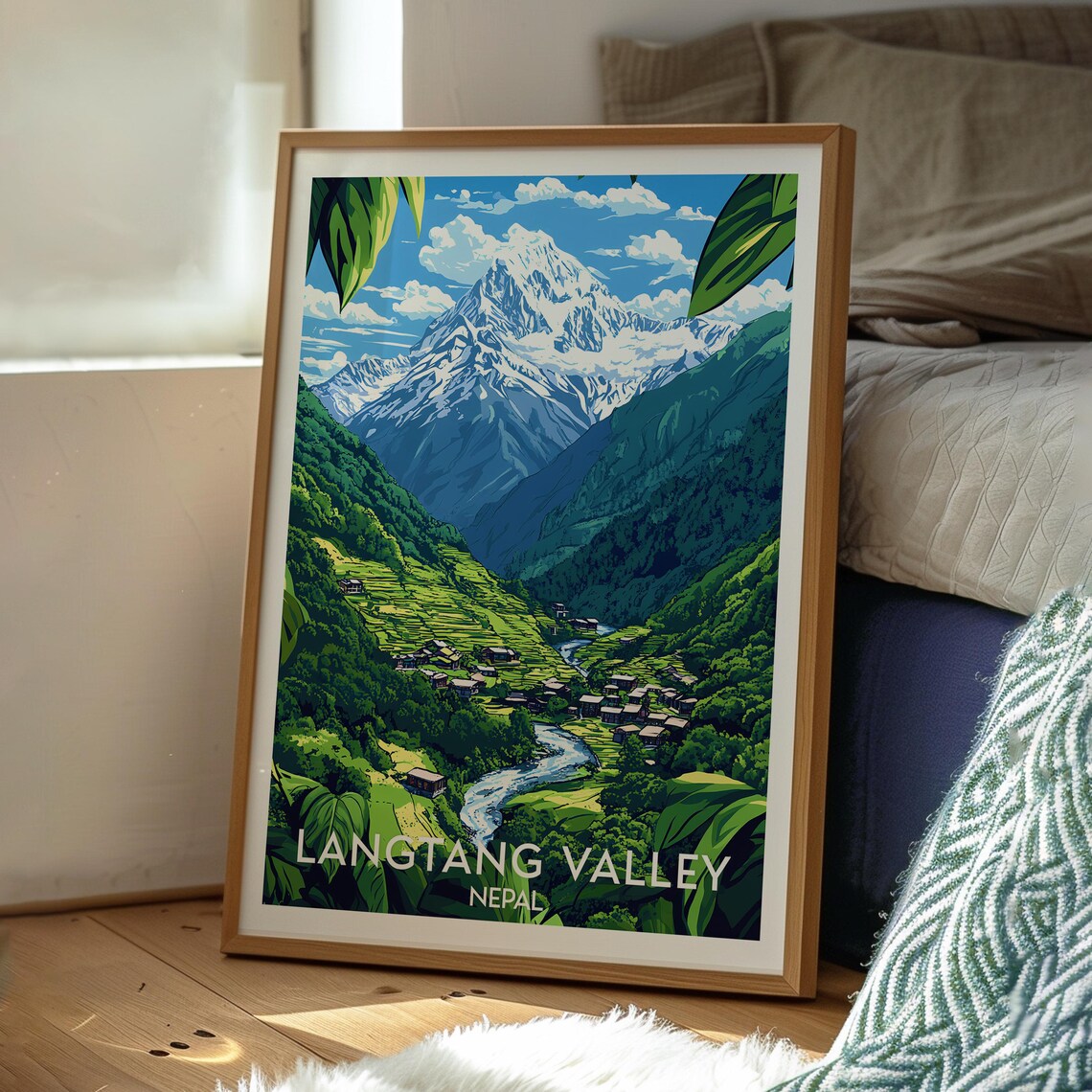 Langtang Valley Nepal Snow Peak Mountain Village Travel Poster