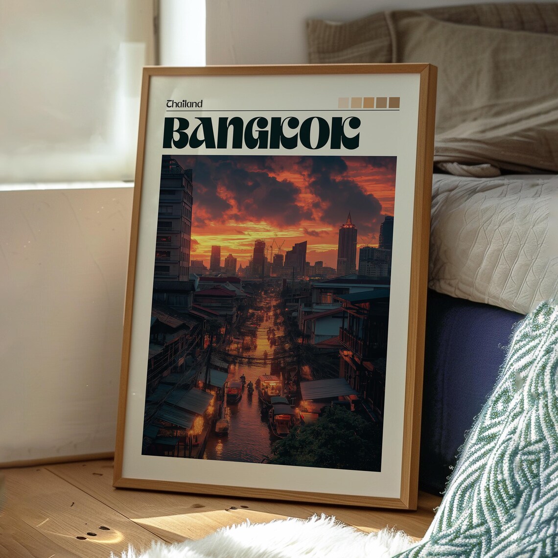 Bangkok Thailand Sunset Canal Street Retro Cityscape Travel Poster - Image 3