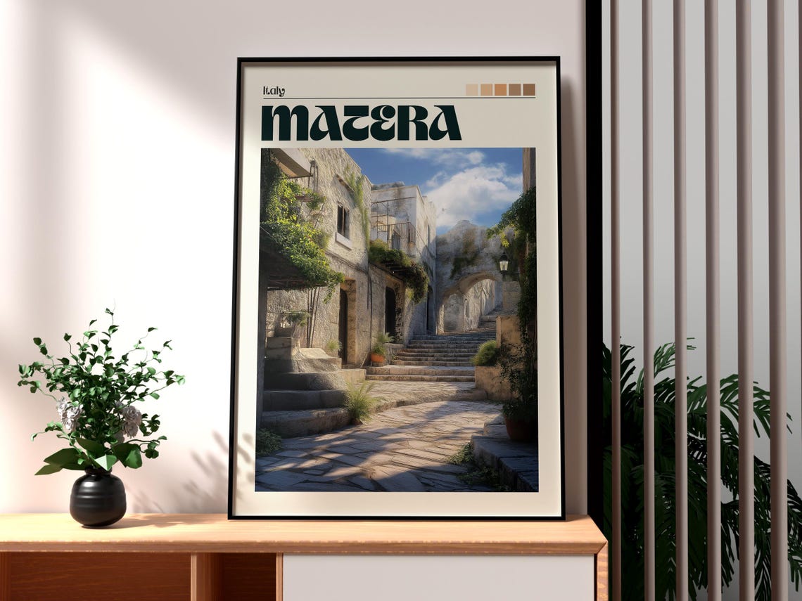 Matera Italy Ancient Stone Stairway Old Town Sassi Art Poster