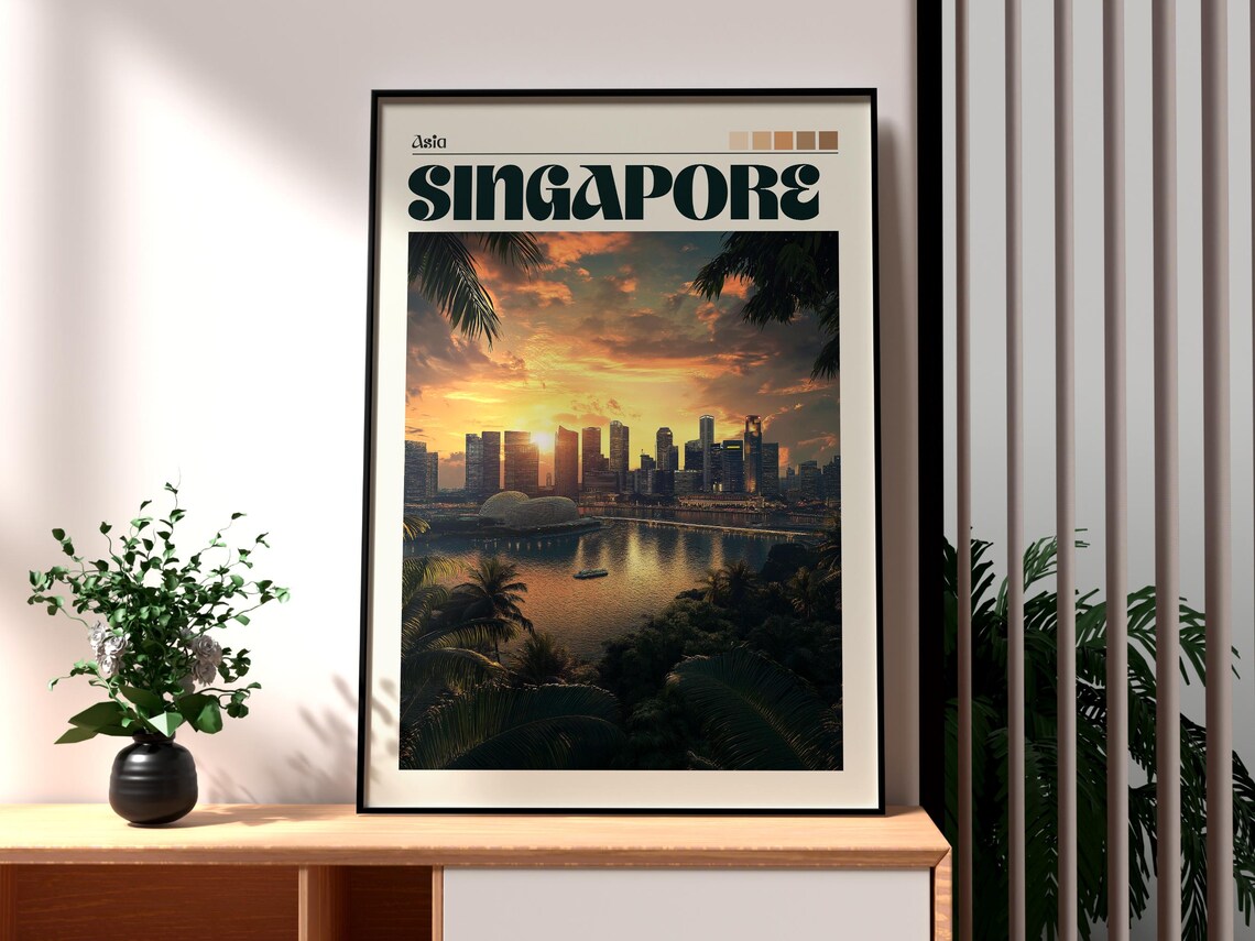 Singapore Marina Bay Skyline Sunset City Lights Urban Travel Poster