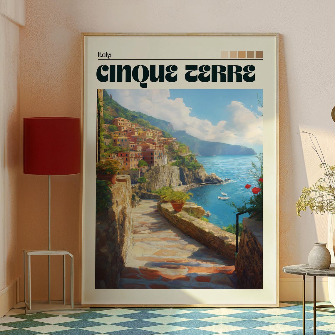 Cinque Terre Italy Cliffside Village Stone Path Blue Sea Retro Poster - Image 2
