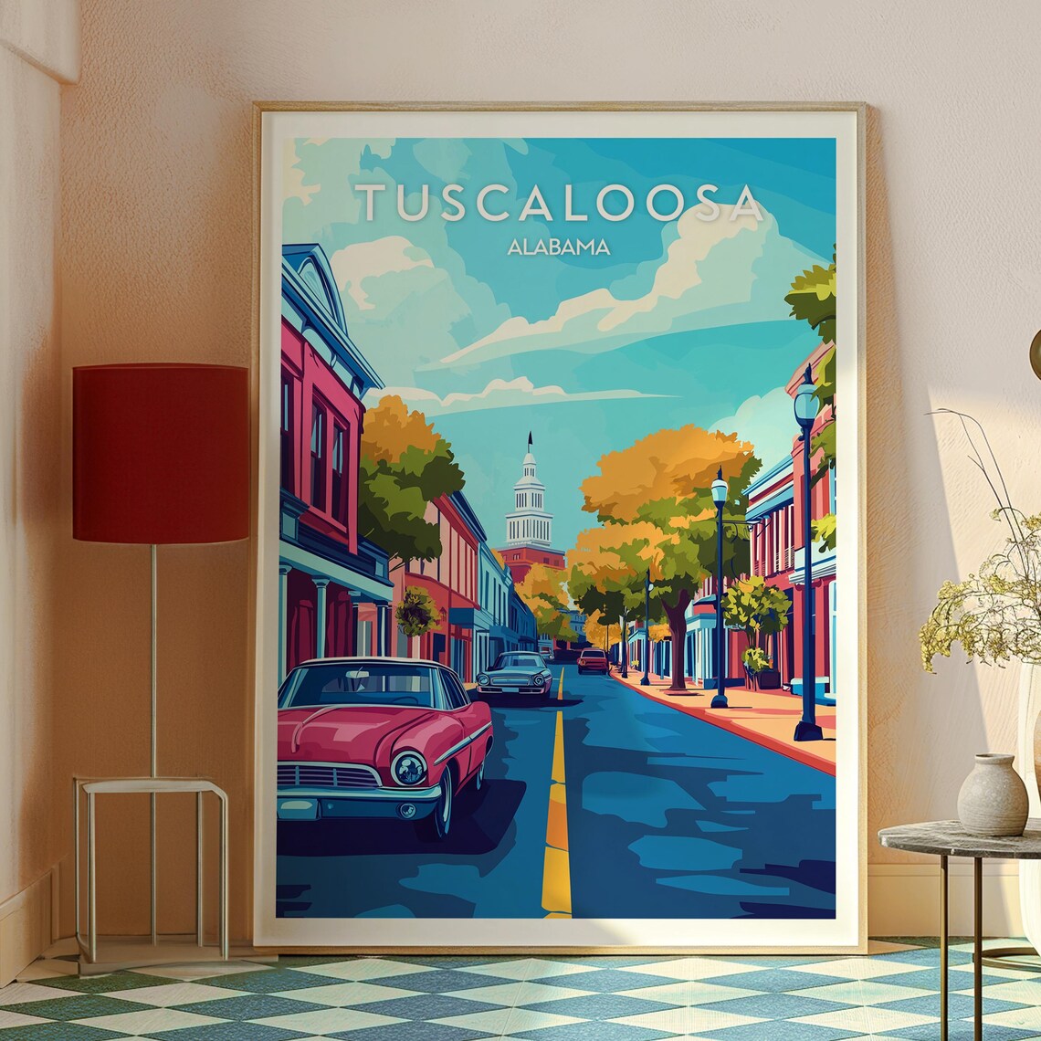 Tuscaloosa Alabama Retro Travel Poster Downtown Street Classic Car - Image 3