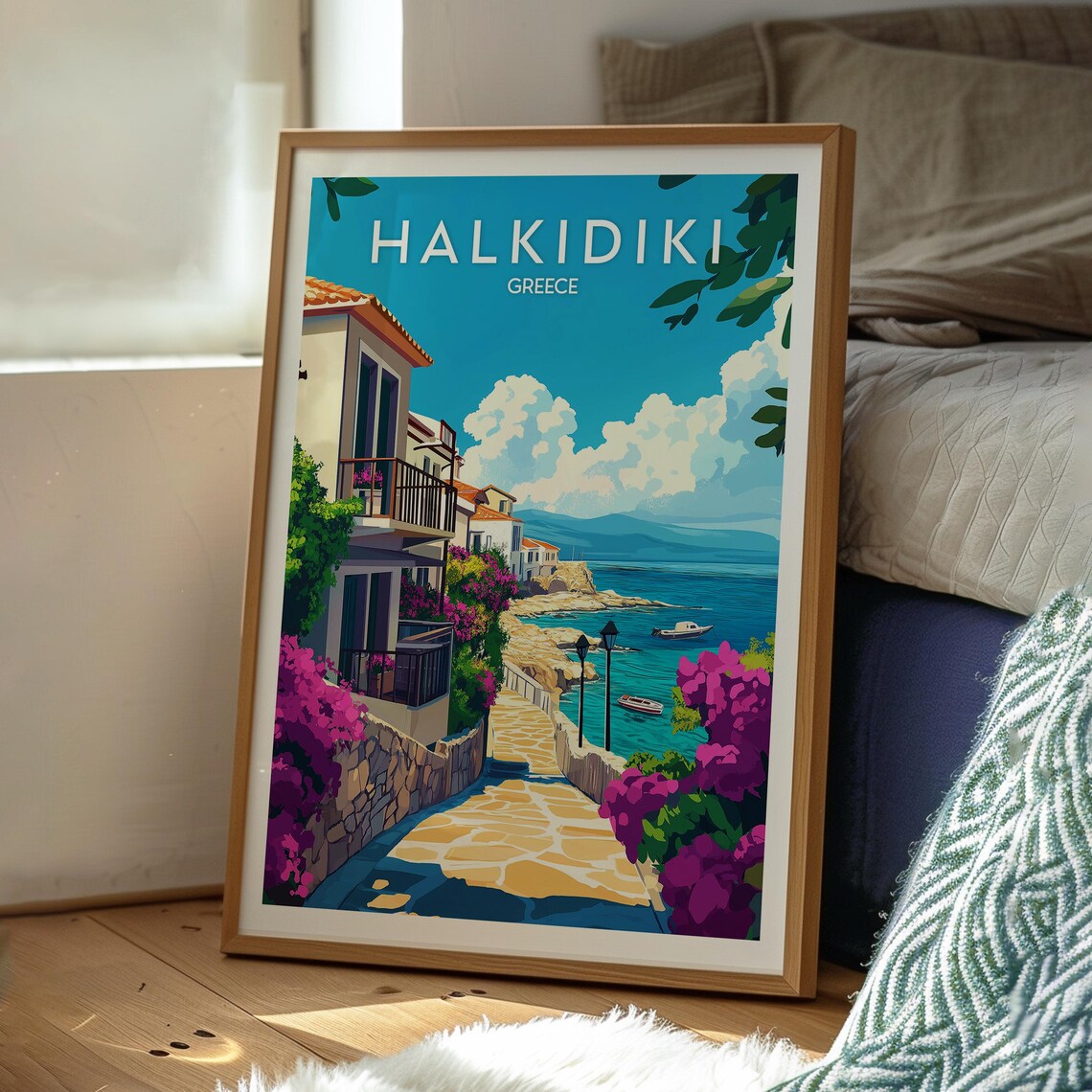 Halkidiki Greece Coastal Village Bougainvillea Sea View Travel Poster - Image 3