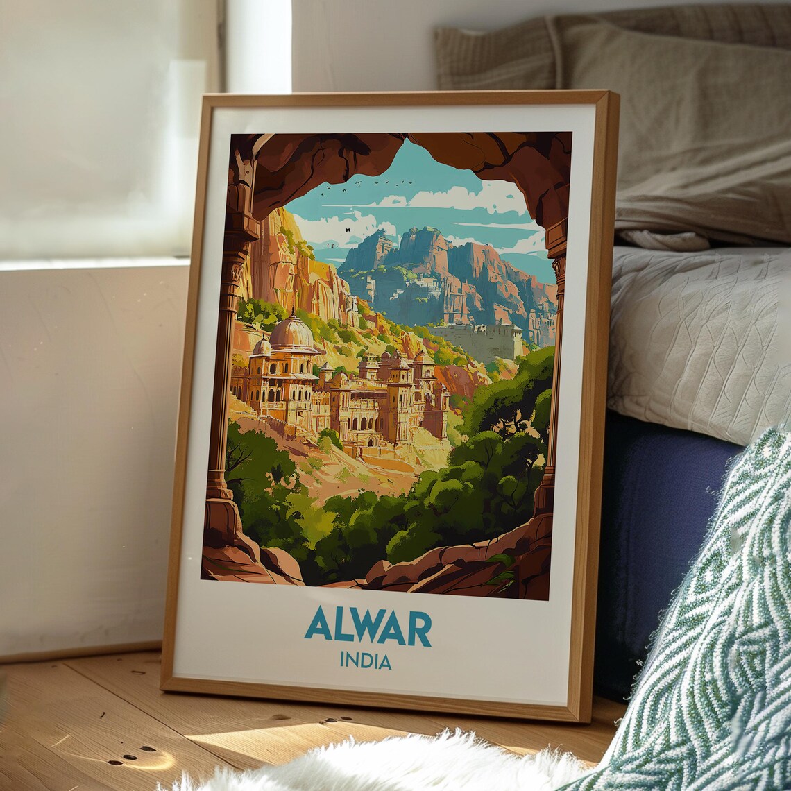 Alwar India Hilltop Fort View Through Stone Archway Travel Poster - Image 3