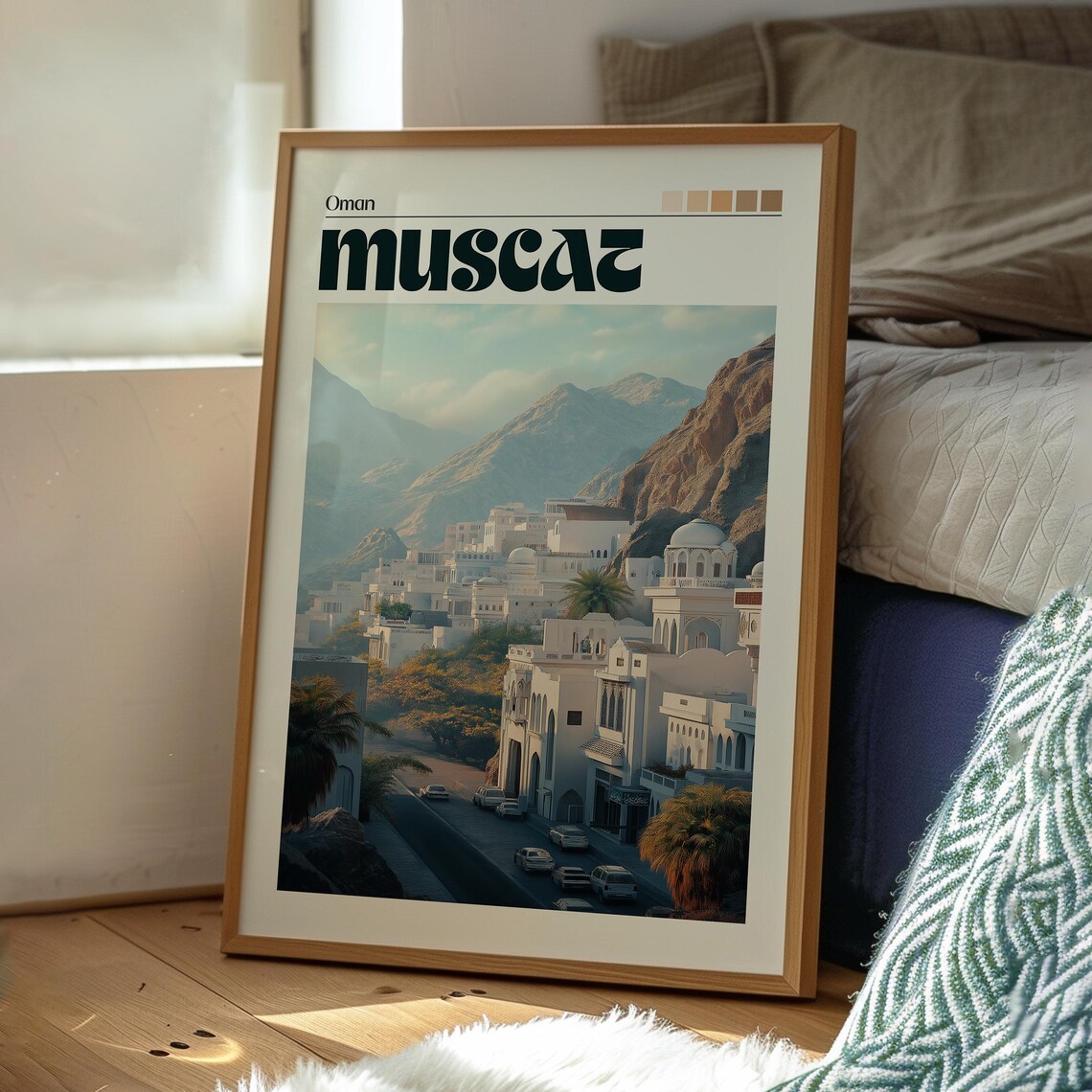 Muscat Oman White City Cliffs Harbor Gulf View Travel Poster - Image 3