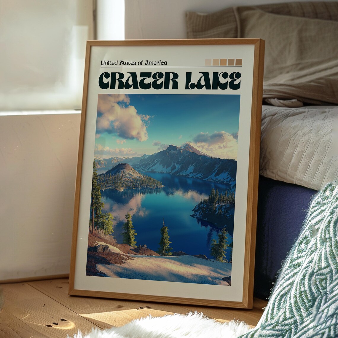 Crater Lake Oregon Deep Blue Lake Snowy Mountain Peaks Travel Poster - Image 3