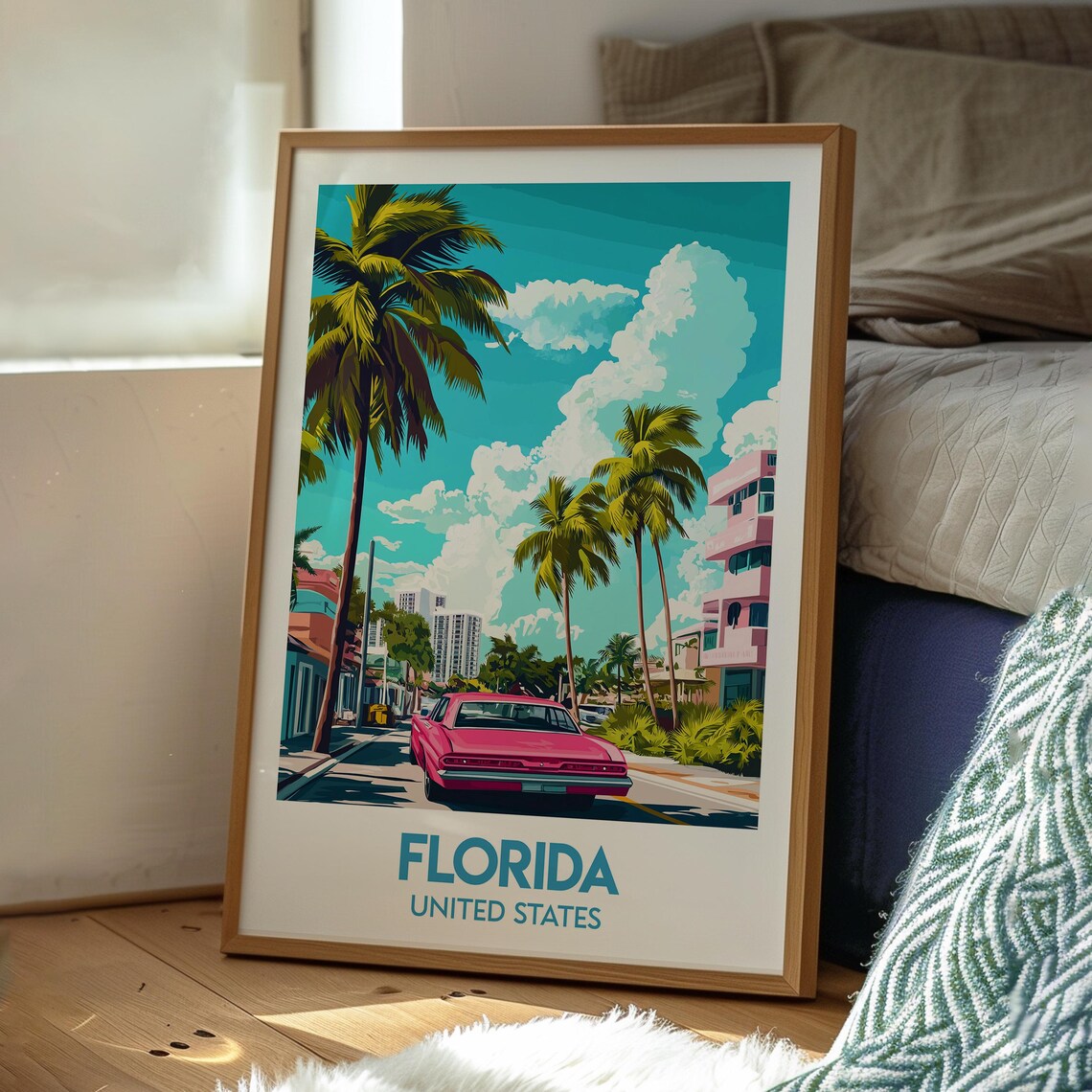 Florida United States Art Deco Palms Pink Vintage Car Poster - Image 3