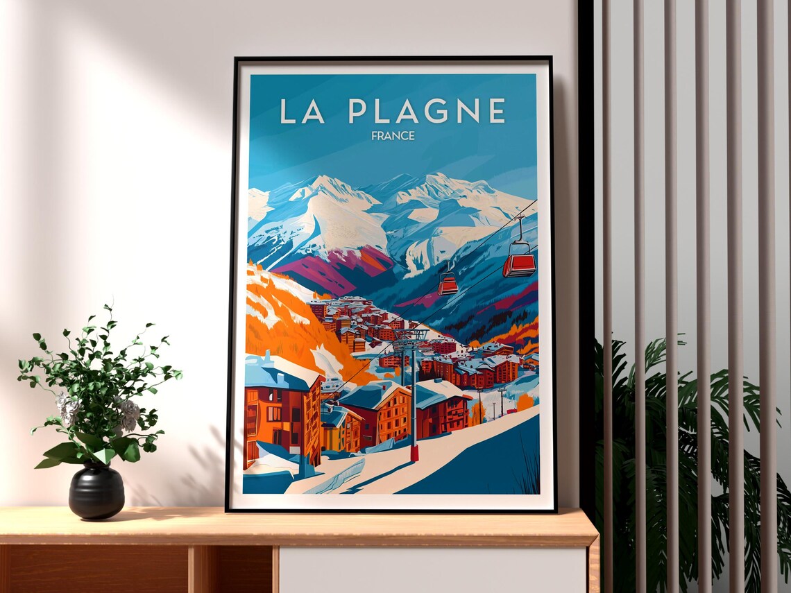 La Plagne France Snowy Alps Ski Village Gondolas Travel Poster