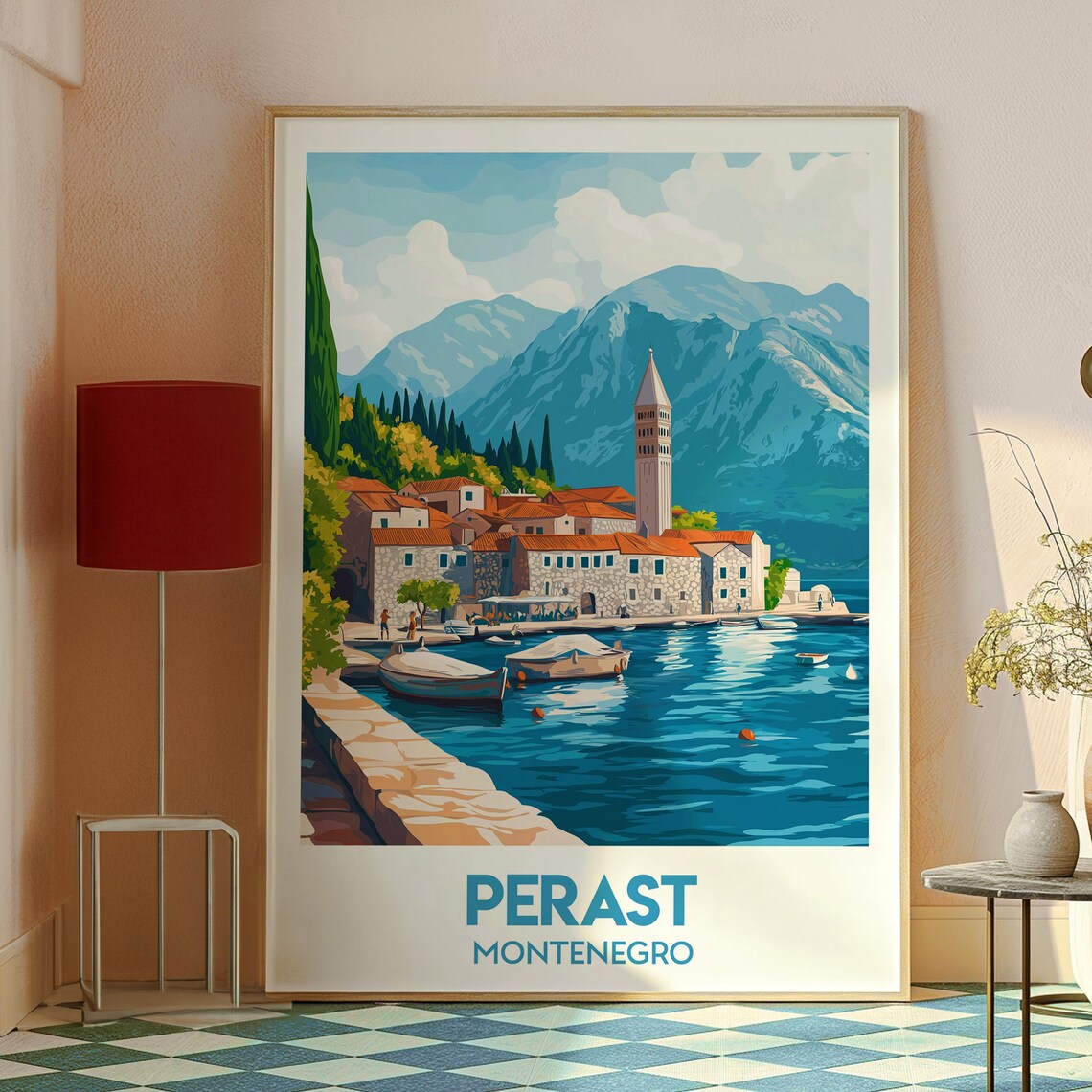 Perast Montenegro Bay of Kotor Boats Church Tower Travel Poster - Image 2