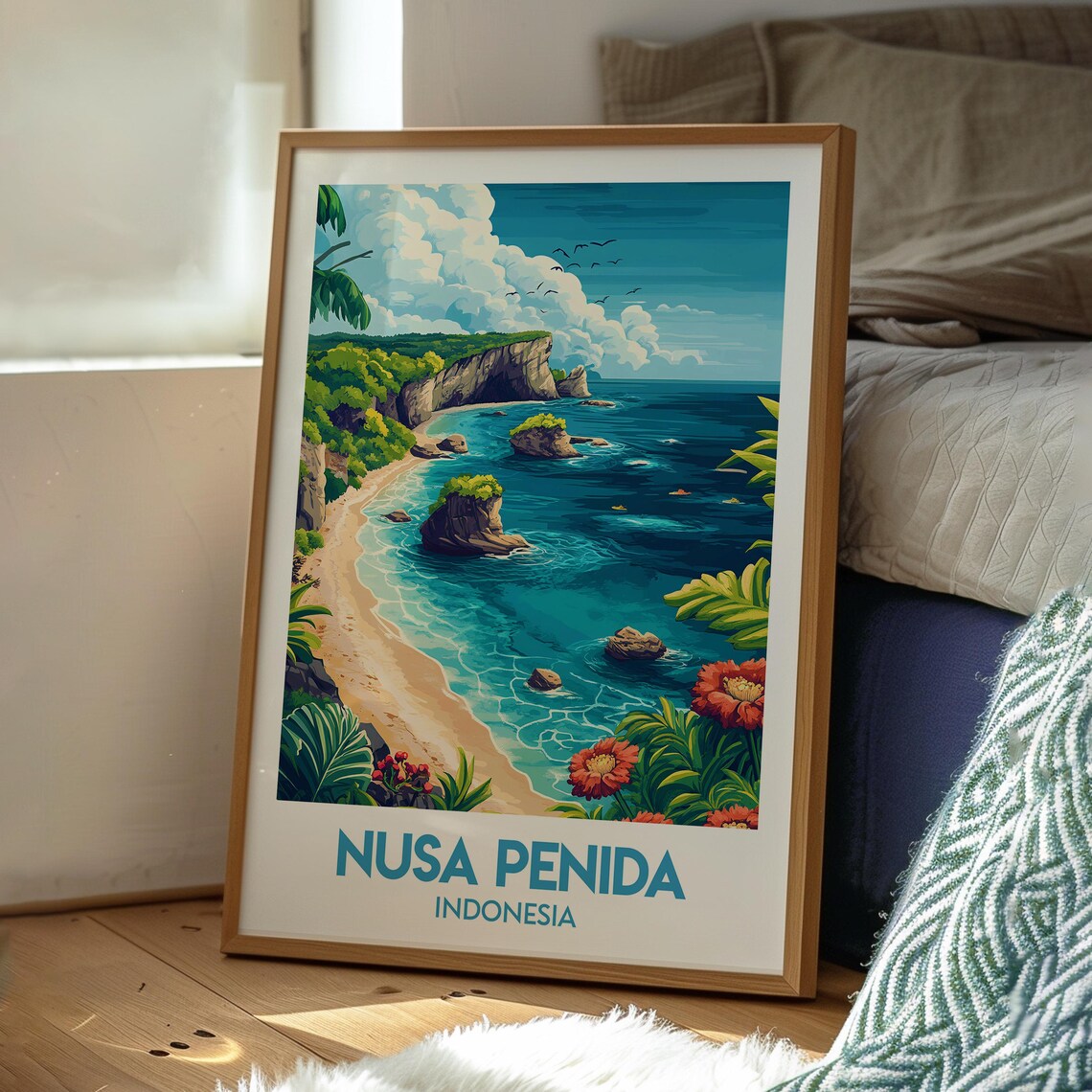 Nusa Penida Indonesia Cliff Bay Sea Stacks Retro Travel Poster - Image 3