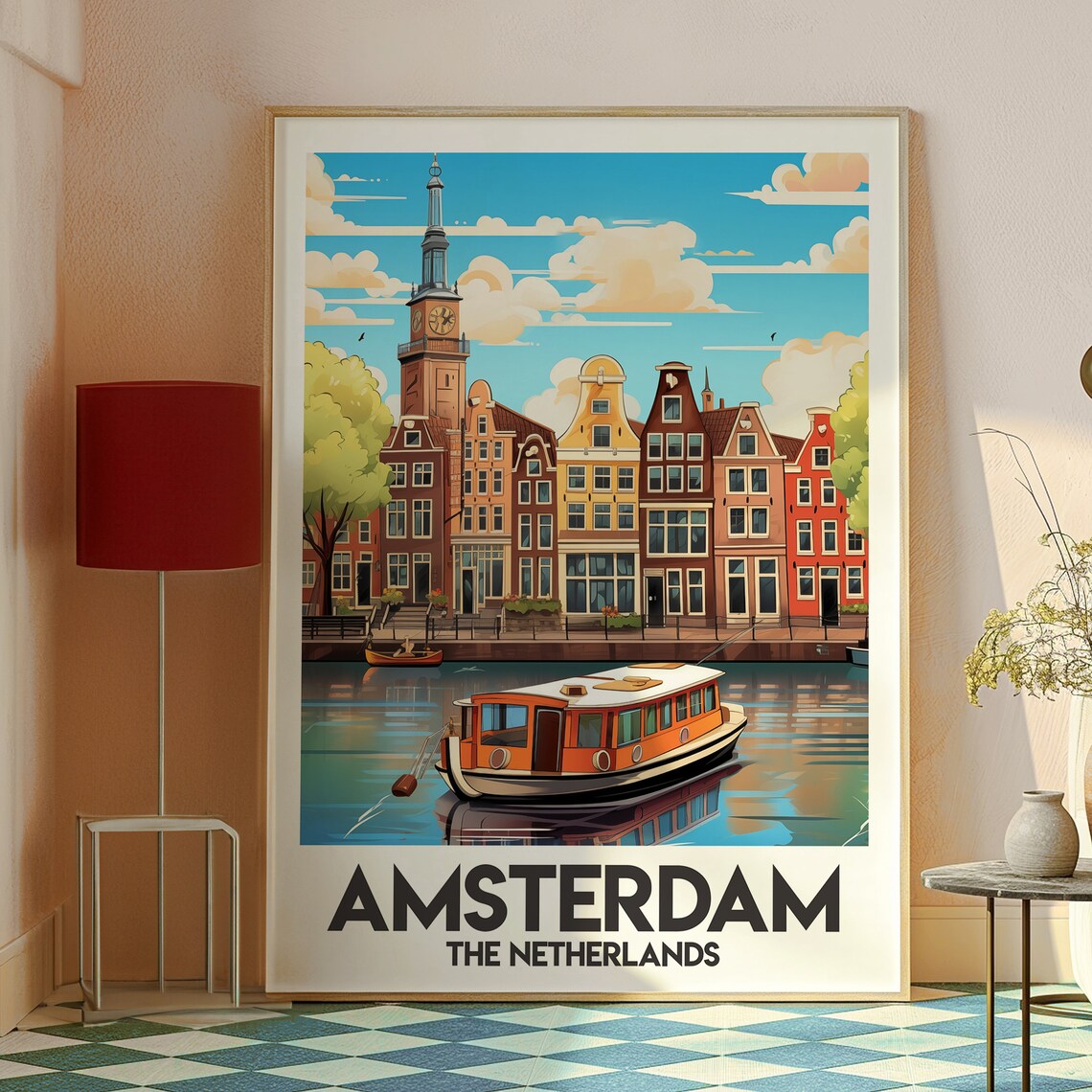 Amsterdam Netherlands Canal Houses And Boat Vintage Travel Poster - Image 2