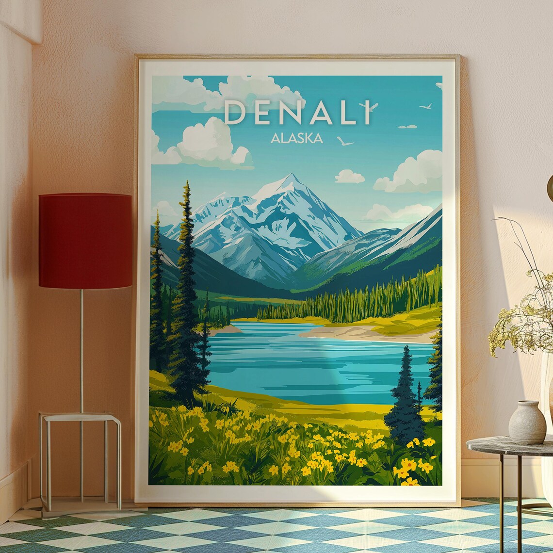 Denali Alaska Snowy Peak Mountain Lake Wildflower Meadow Travel Poster - Image 2