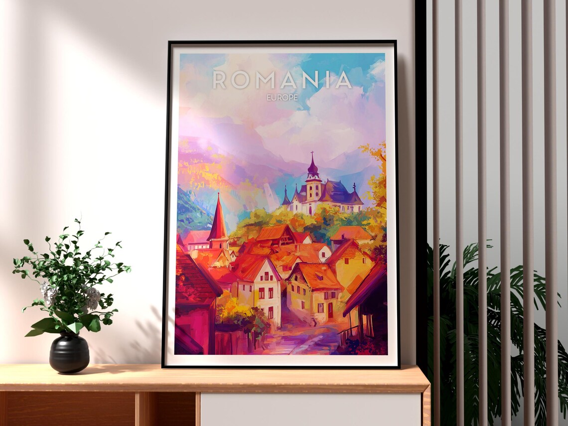 Romania Europe Medieval Old Town Churches Colorful Art Poster
