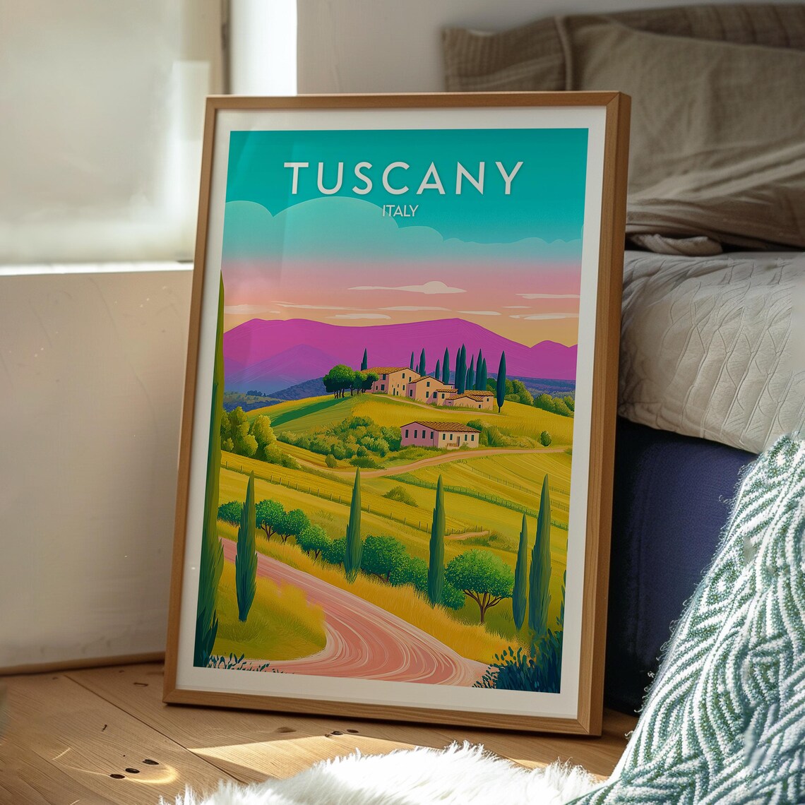 Tuscany Italy Rolling Hills Cypress Villa Sunset Travel Poster - Image 3