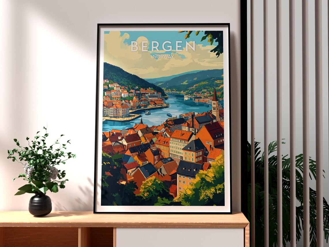 Bergen Norway Harbor City Fjord Vintage Style Travel Poster Art