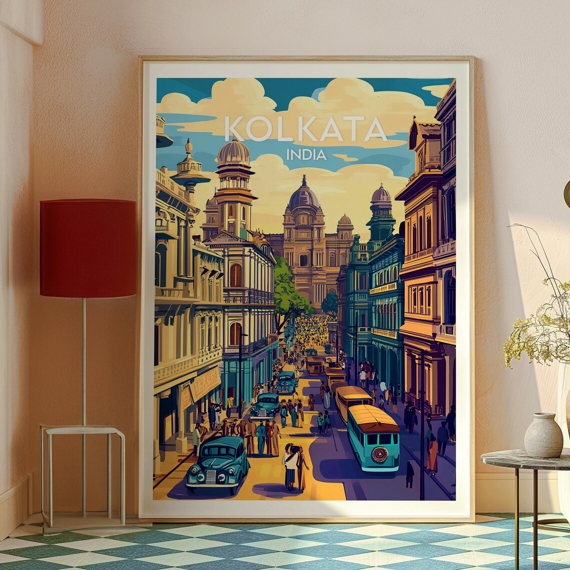 Kolkata India Busy Colonial Street Vintage Cars Travel Poster - Image 2
