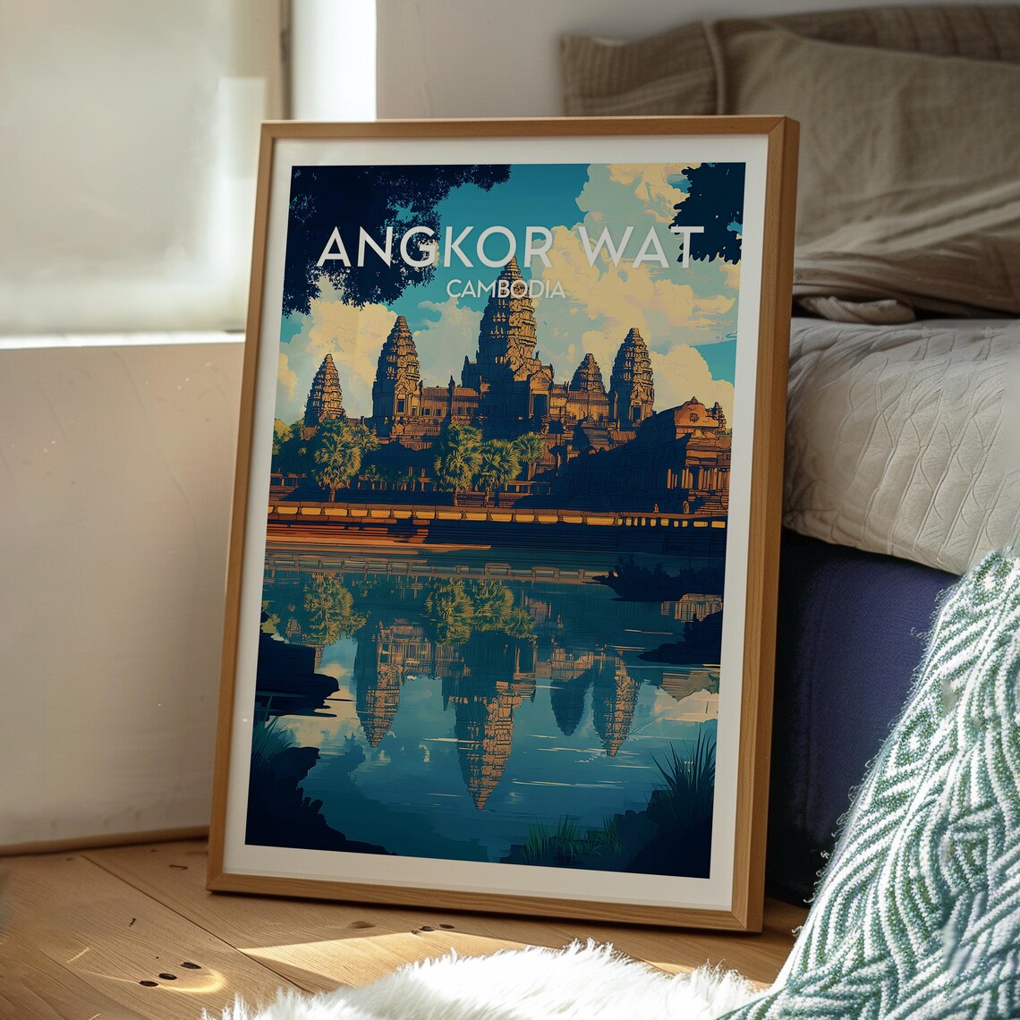 Angkor Wat Cambodia Temple Reflection Lake Evening Sky Travel Poster - Image 3