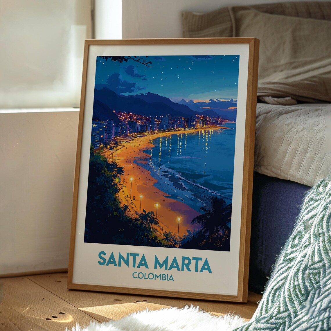 Santa Marta Colombia Night Beach Bay City Lights Tropical Travel Poster - Image 3