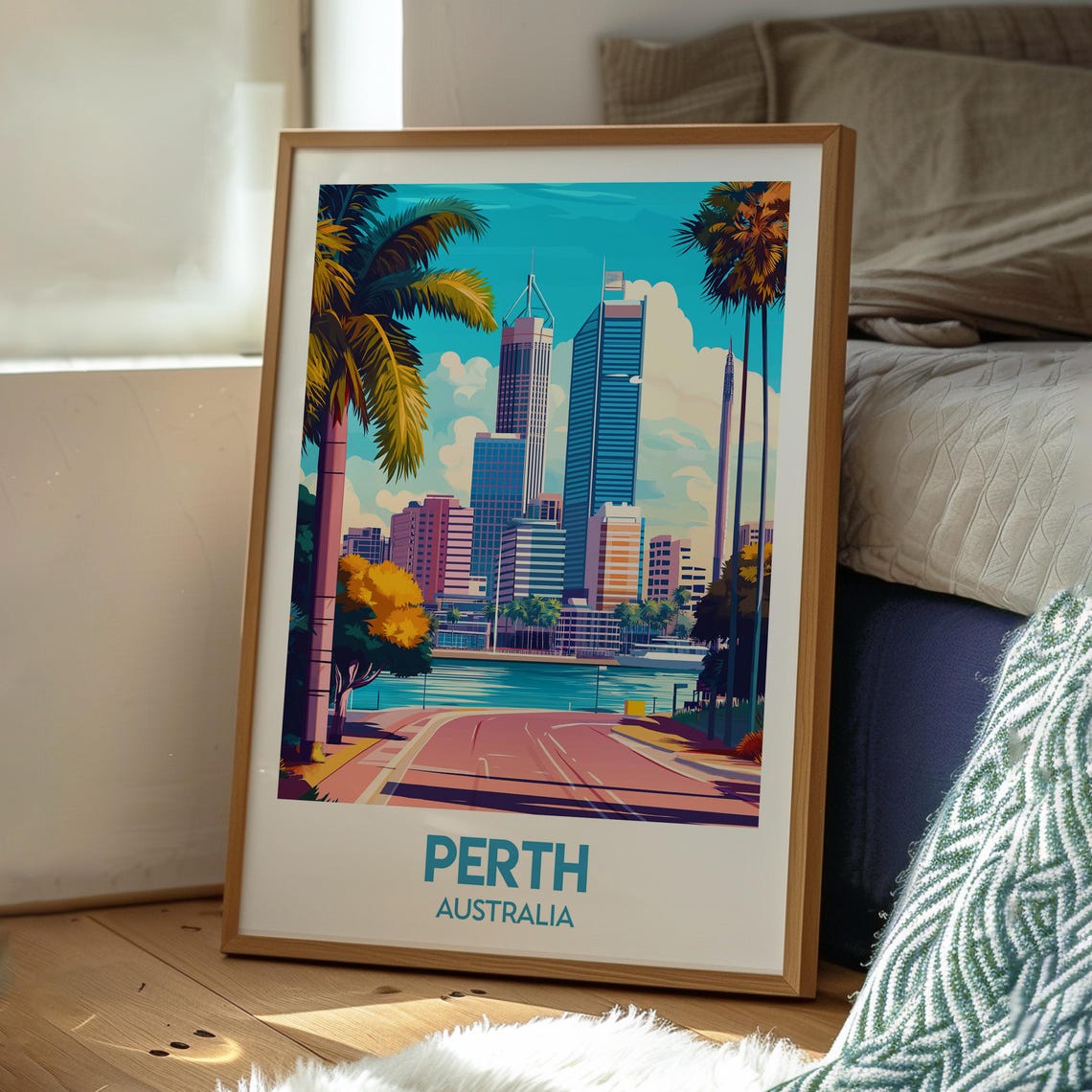 Perth Australia Waterfront Skyline Palm Trees River Road Travel Poster - Image 3