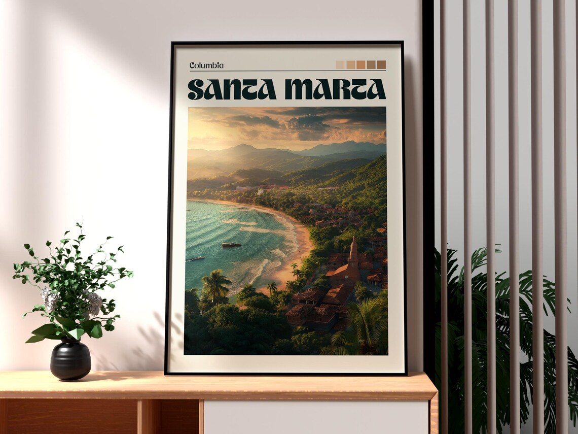 Santa Marta Colombia Caribbean Bay Sunset Beach Vintage Travel Poster