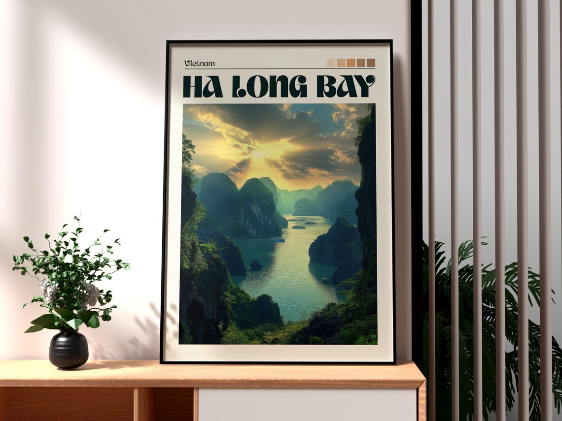 Ha Long Bay Vietnam Golden Sunset Emerald Limestone Karsts Cruise Poster