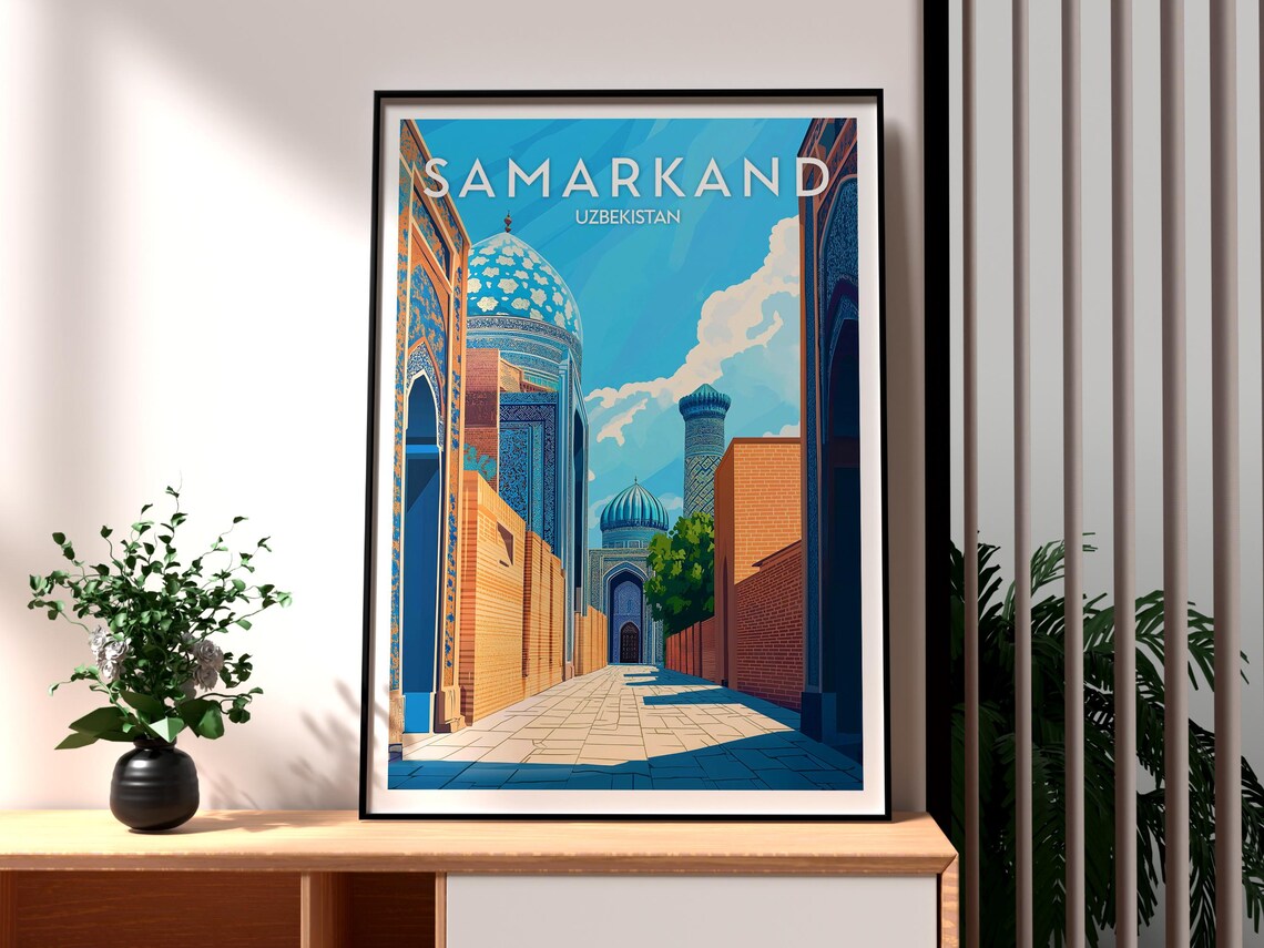 Samarkand Uzbekistan Tiled Blue Dome Street Vintage Travel Poster