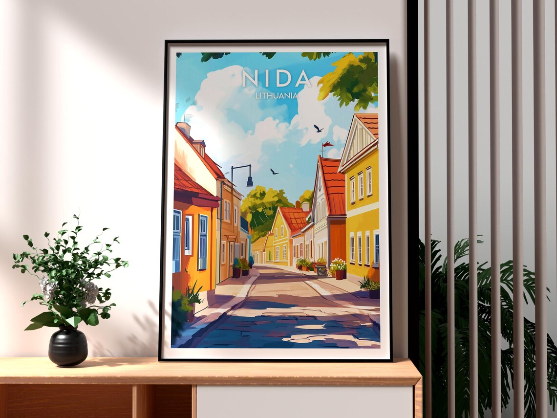 Nida Lithuania Colorful Old Street Sunny Houses Europe Travel Poster