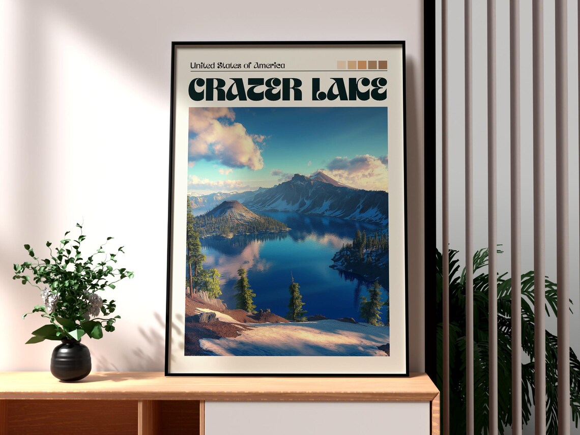 Crater Lake Oregon Deep Blue Lake Snowy Mountain Peaks Travel Poster