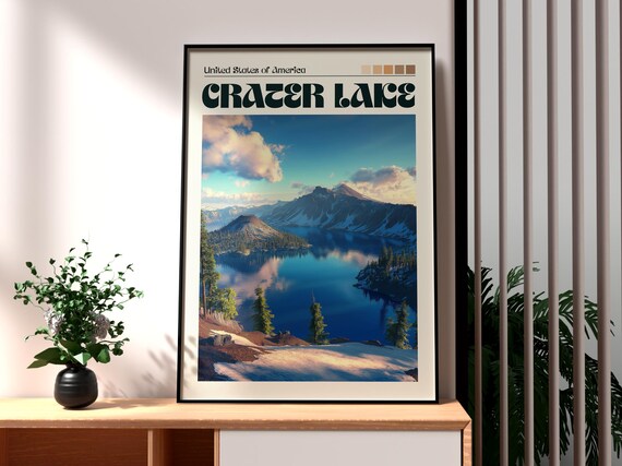 Crater Lake Oregon Deep Blue Lake Snowy Mountain Peaks Travel Poster