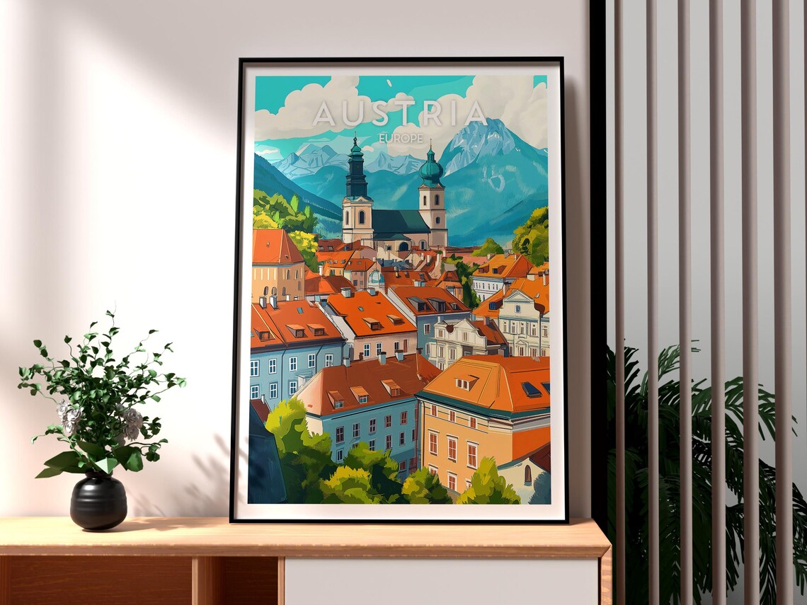 Austria Alps Historic Old Town Twin Church Towers Travel Poster
