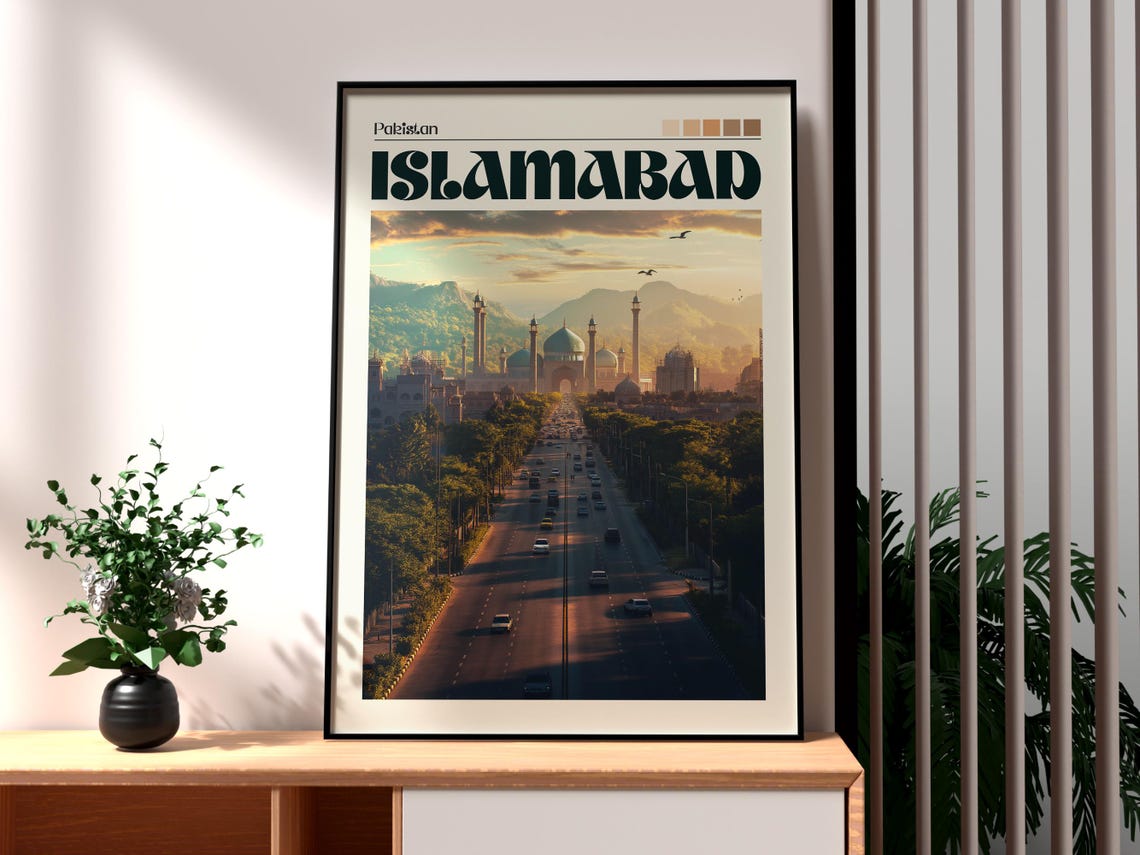 Islamabad Pakistan Mosque Boulevard Sunset Skyline Travel Poster