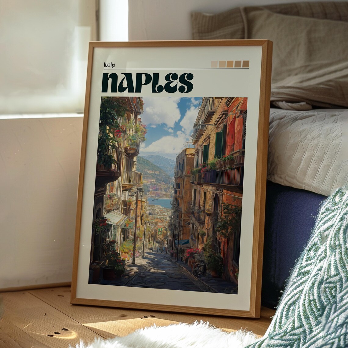 Naples Italy Flower Balcony Street Bay View Old Town Travel Poster - Image 3