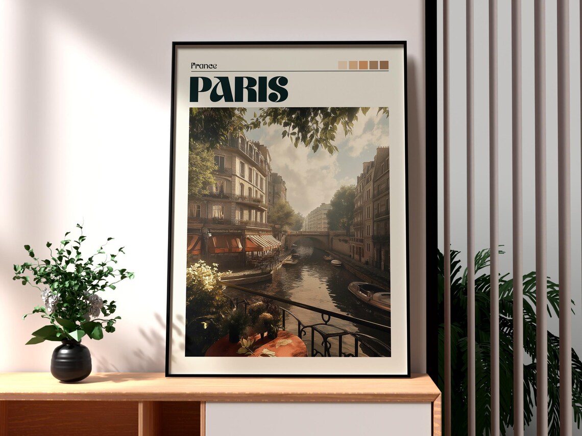 Paris France Canal Street Cafe Historic Buildings Sunny Travel Poster