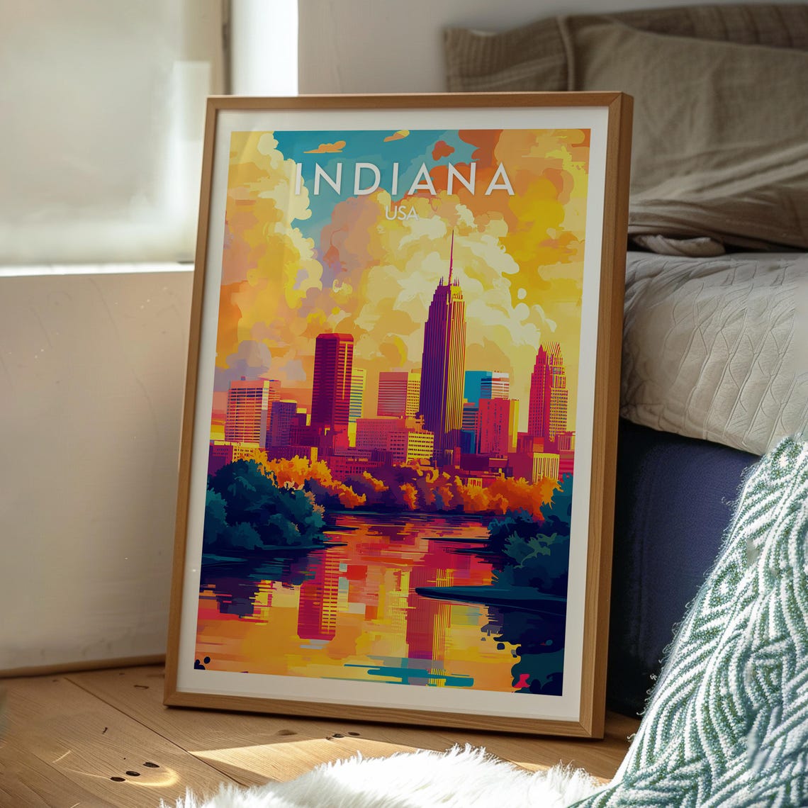 Indiana USA Indianapolis Skyline River Sunset Reflection Poster - Image 3