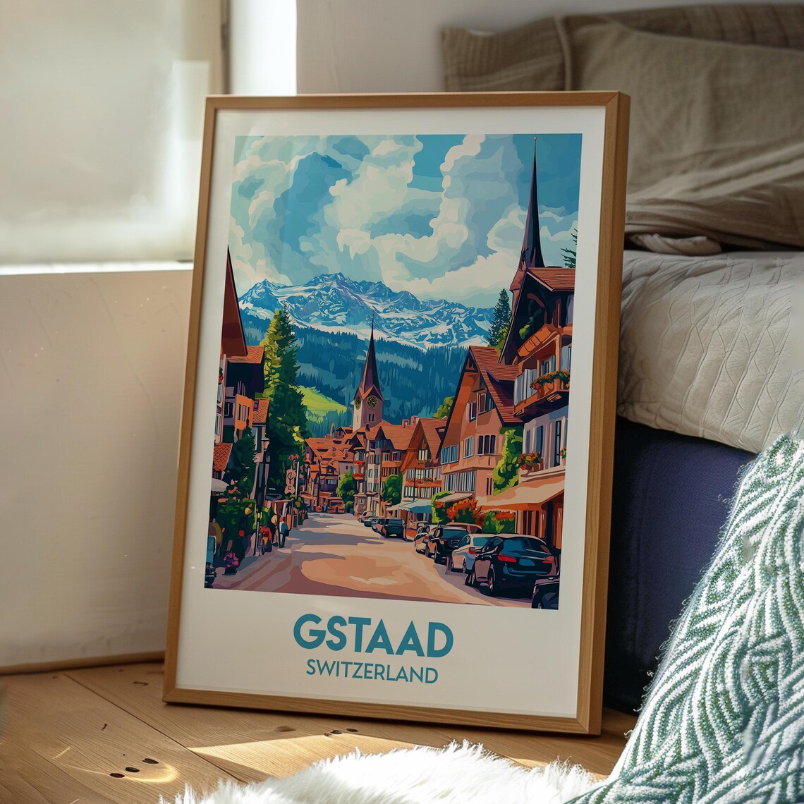Gstaad Switzerland Chalet Street Twin Church Spires Mountain Poster - Image 3