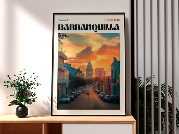 Barranquilla Colombia Colonial Street Sunset Scene Travel Poster