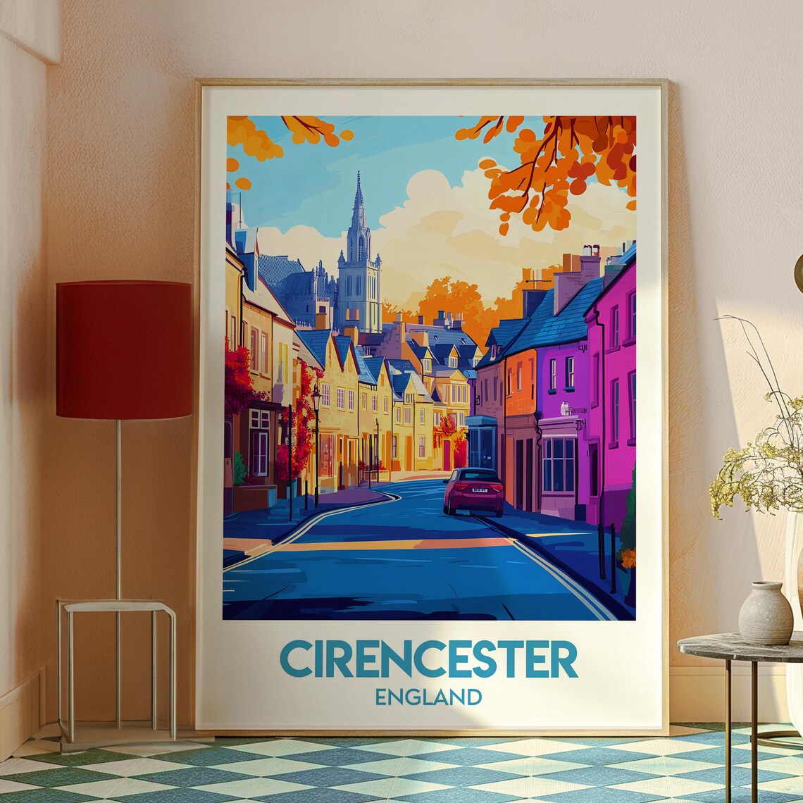 Cirencester England Cotswold Street Autumn Spire Travel Poster - Image 2