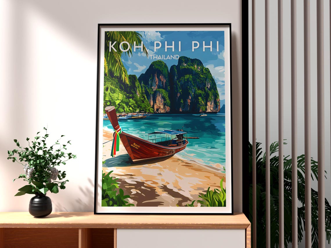 Koh Phi Phi Thailand Longtail Boat Beach Cliffs Travel Poster