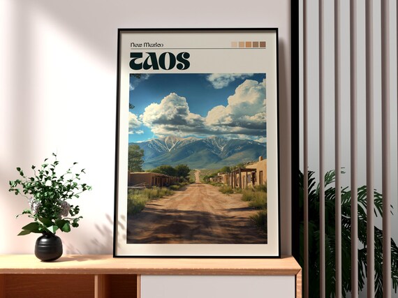 Taos New Mexico Desert Road Adobe Snow Peak Retro Travel Poster