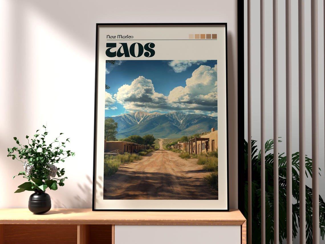Taos New Mexico Desert Road Adobe Snow Peak Retro Travel Poster