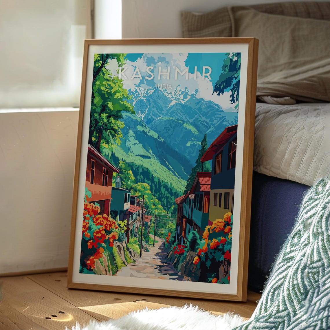 Kashmir India Himalayan Village Street Flowering Hillside Poster - Image 3