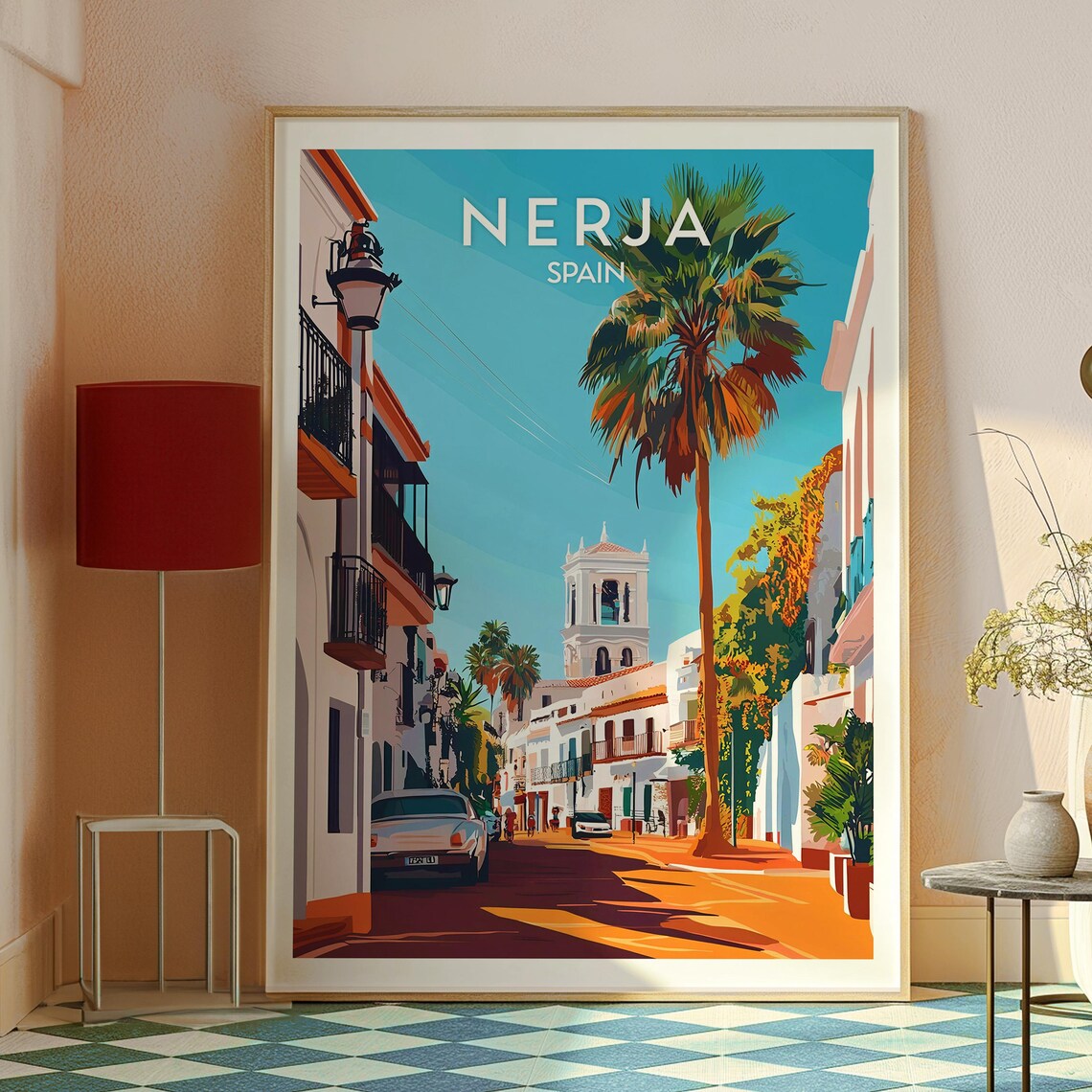 Nerja Spain Palm Tree Street Whitewashed Buildings Travel Poster - Image 2