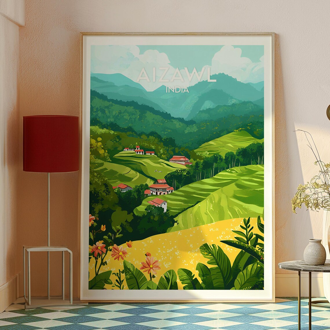 Aizawl India Green Terraced Hills Red Roof Village Travel Poster - Image 2