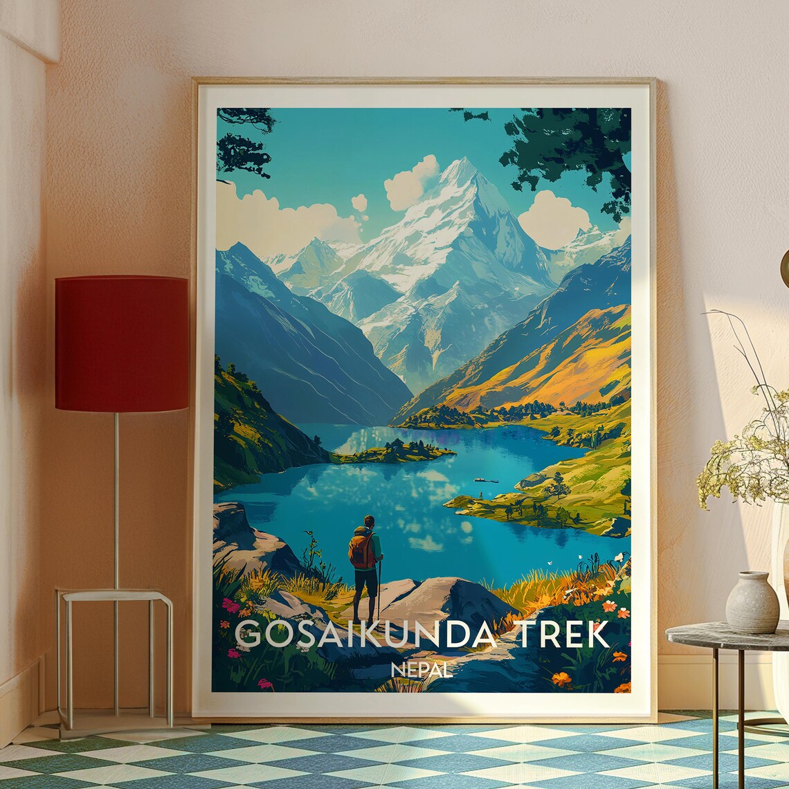 Gosaikunda Trek Nepal Alpine Lake and Hiker Mountain Travel Poster - Image 2