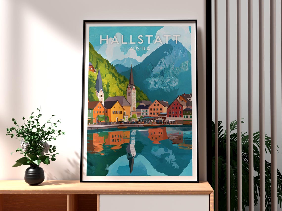 Hallstatt Austria Lakeside Village Church Reflection Travel Poster