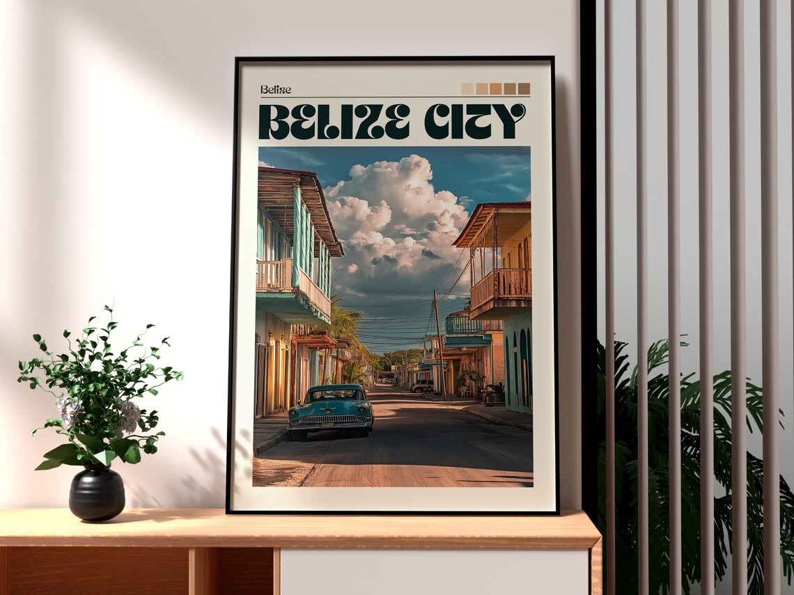Belize City Colonial Street Vintage Car Scene Sunset Travel Poster