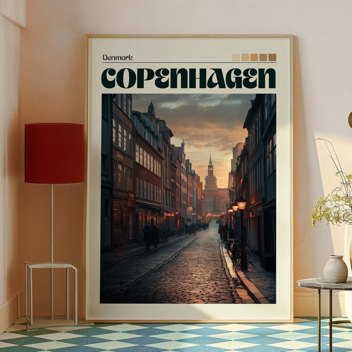 Copenhagen Denmark Cobblestone Street Dusk Lamplight Old Town Poster - Image 2