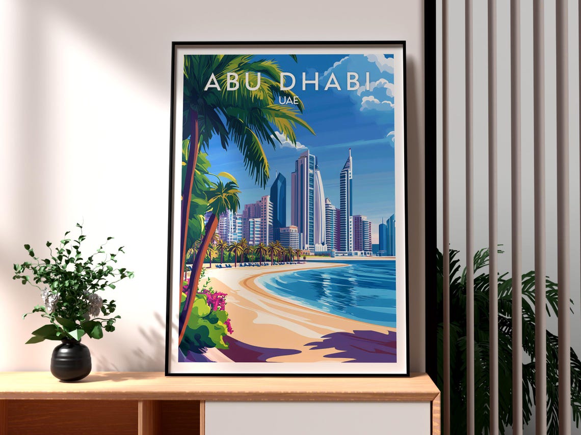 Abu Dhabi UAE Corniche Beach Palm Skyline Arabian Gulf Travel Poster
