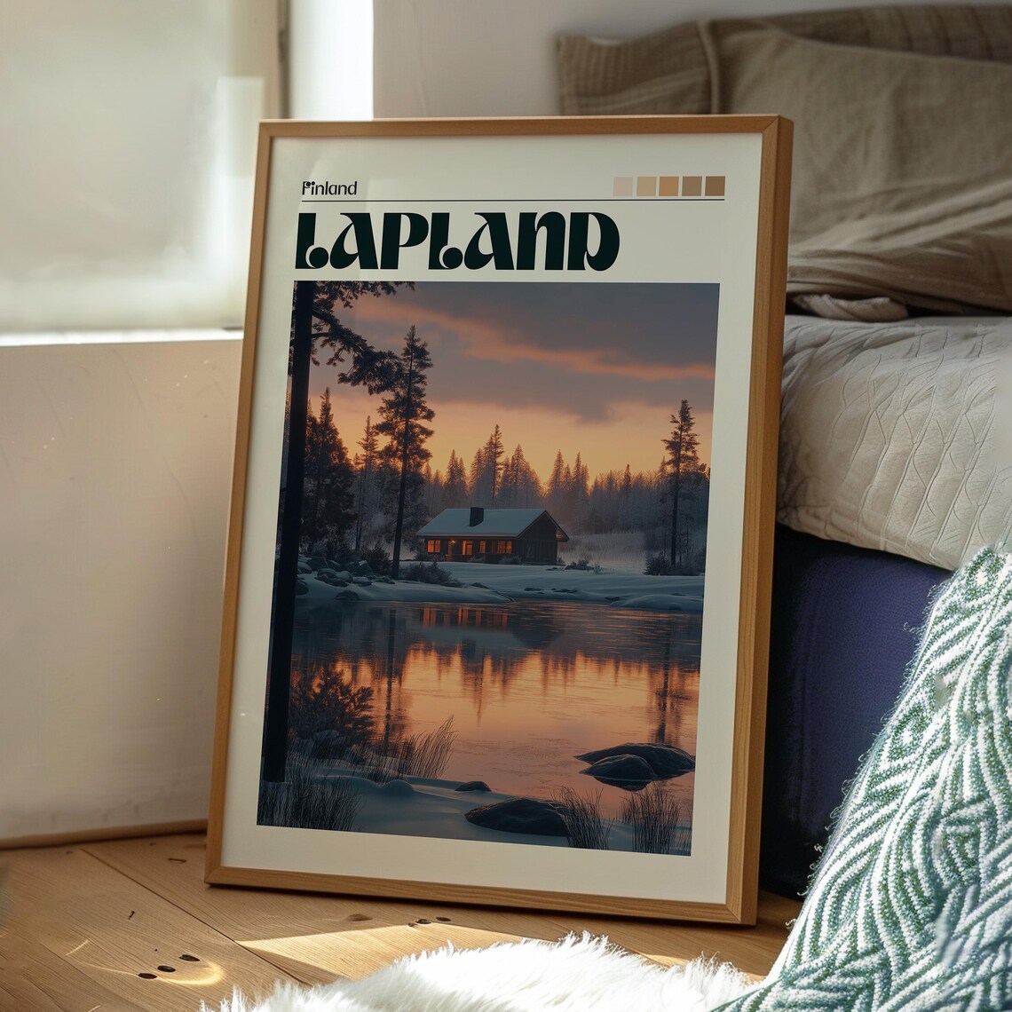 Lapland Finland Snowy Lakeside Cabin Winter Sunset Scene Poster - Image 3
